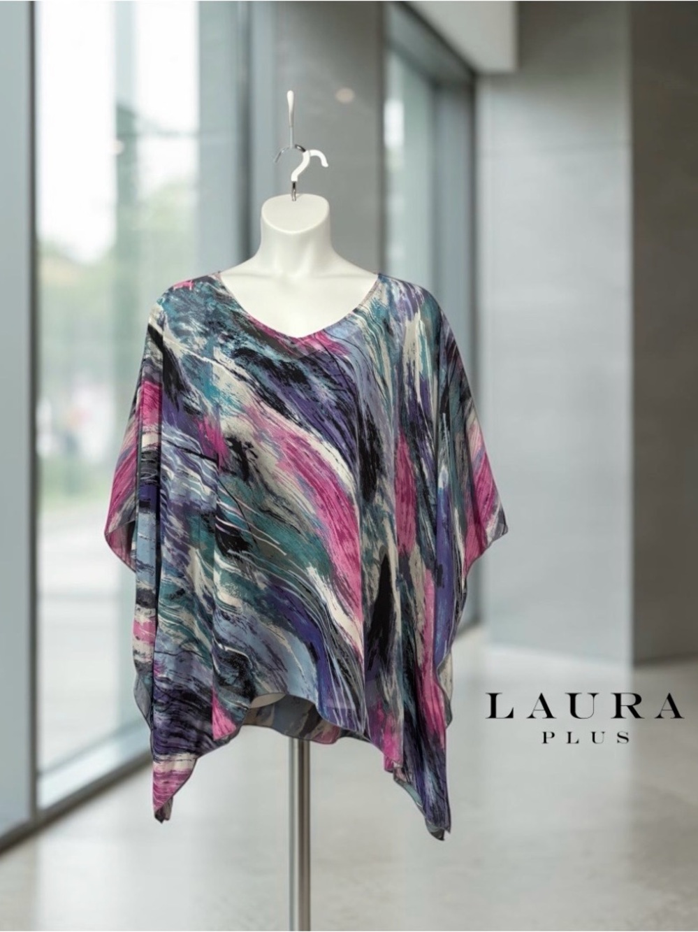 Laura Plus 3X Plus Size Layered Poncho Blouse & Stretch Cami Abstract Multicolor - Picture 1 of 11